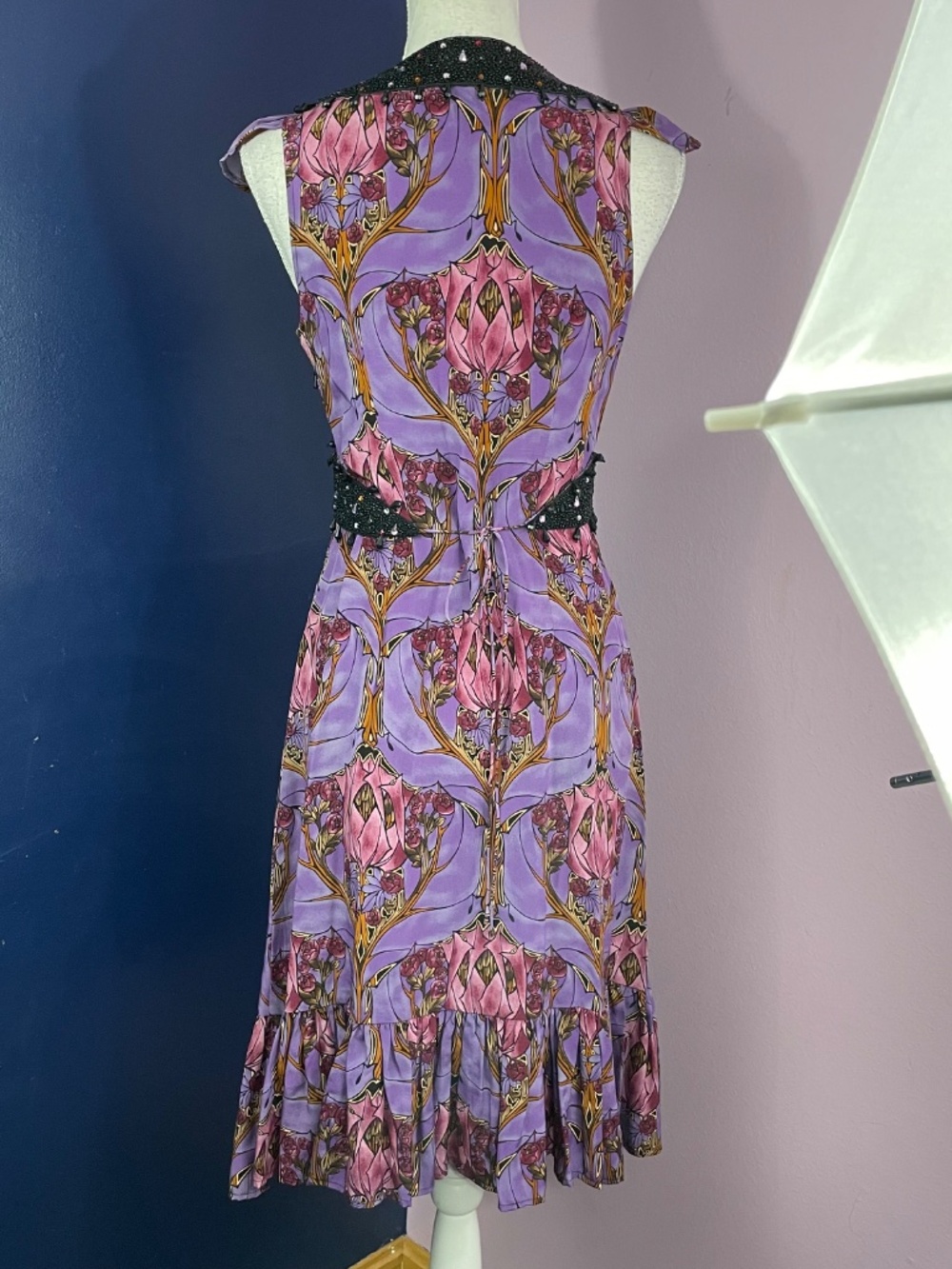 Tracy Reese 100% Silk Dress 6 Y2K Rhinestone Jeweled Floral Empire Waist Purple - Picture 11 of 14